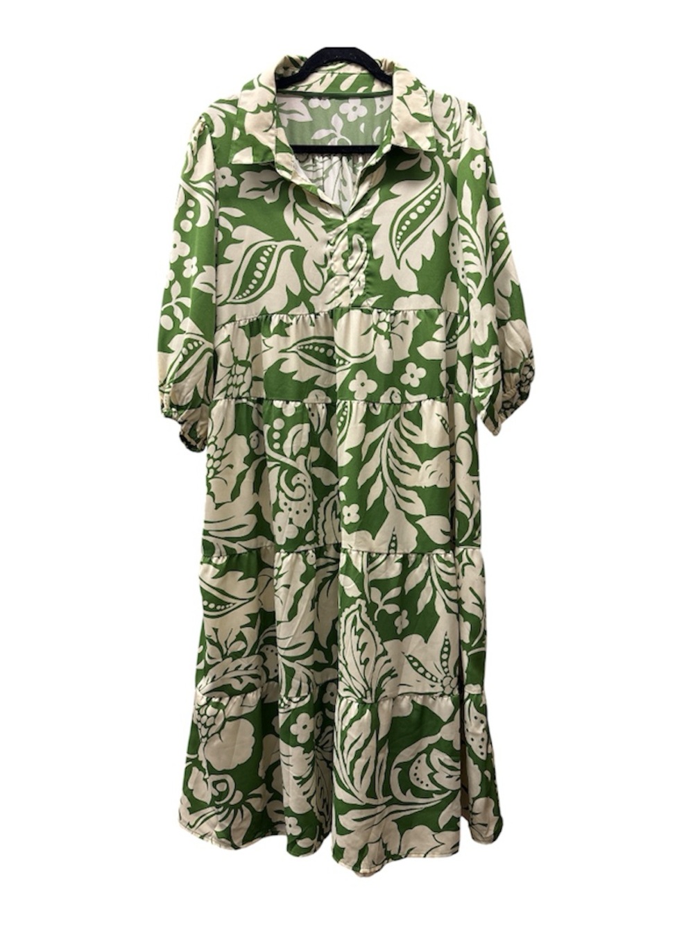 Green Tropical Floral Tiered Midi Dress Puff Sleeve Boho Resort Cottagecore